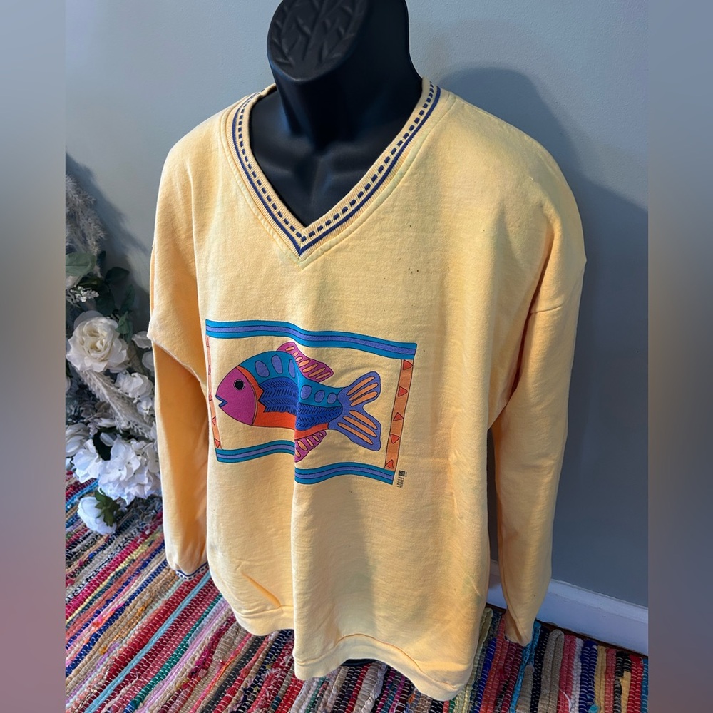 1995 Colorblock Fish Sweatshirt V Neck Nautical Graphic Yellow 90s Vintage XL - Picture 2 of 8